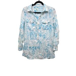 Lilly Pulitzer Blue & White Button-Down Tunic Tropical Print Roll-Up Sleeves Siz